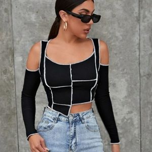 Open Shoulder Contrast Stitch Top - Size Small